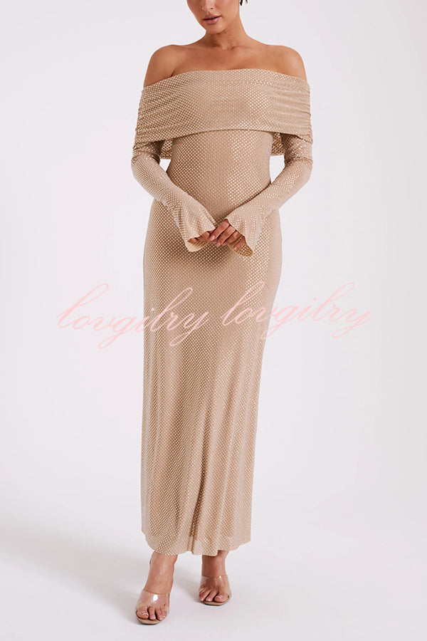 Sexy Shiny Off-The-Shoulder Long-Sleeved Fitted Maxi Dress