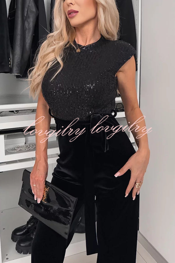 Perfect Party Style Sequin Velvet Patchwork Backless Flare Stretch Jumpsuit