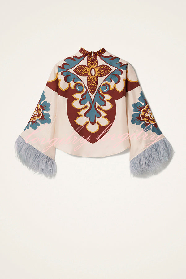 Bohemian Dreams Unique Print High Neck Feather Trim Bell Sleeve Top