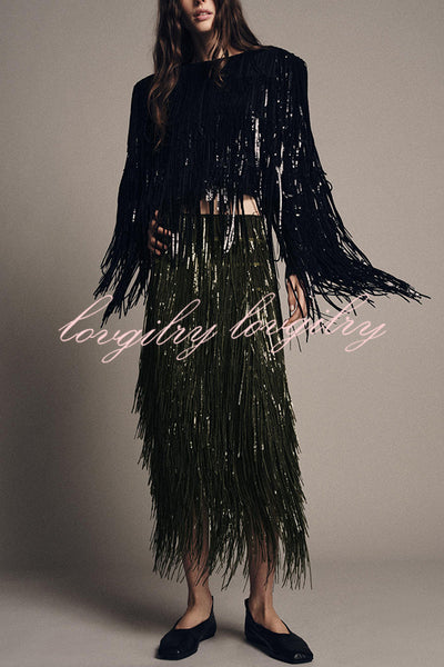 Stylish Sequined Tassel Elegant Midi Skirt