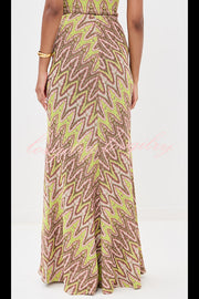 Moonlit Waltz Knit Jacquard Zigzag Print High Rise Stretch Flare Maxi Skirt