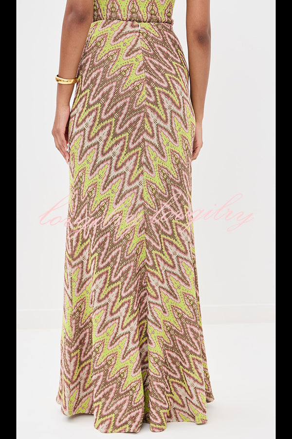 Moonlit Waltz Knit Jacquard Zigzag Print High Rise Stretch Flare Maxi Skirt