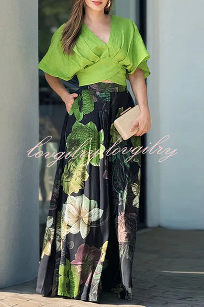 Stylish V-neck Loose Crop Top and Floral Print Pocket Maxi Skirt Set