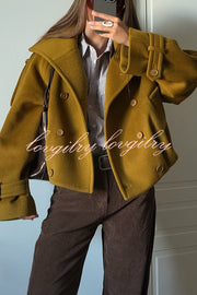 Ellie Epaulettes Stand Neck Double-Breasted Pocket Cropped Loose Woolen Coat
