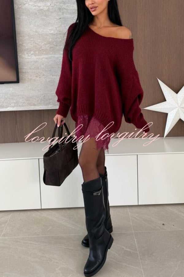 Comfy and Sweet Knit Lace Patchwork Hem Wide Neck Long Sleeve Loose Sweater
