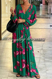 Gramercy Garden Floral Print Pocket Belted Long Sleeve Maxi Dress