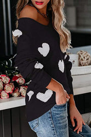 Stylish Color-blocked Heart-patterned Long-sleeved Loose Knit Sweater