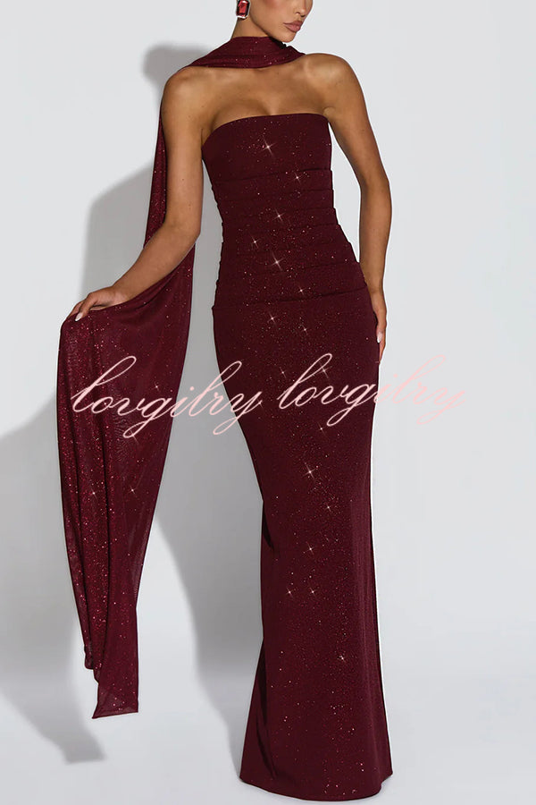 Pandra Glittery Crepe Fabric Off Shoulder Ruched Slit Cape Maxi Dress