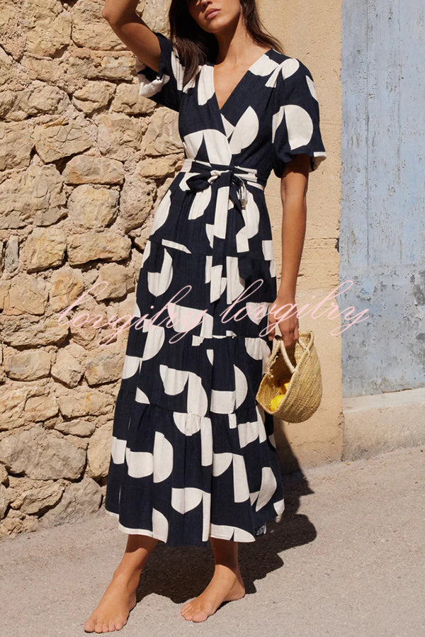 Unique Printed V-neck Puff Sleeves Tie Waist Midi Dress