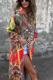 Jungle Miracle Animal Unique Print Button Long Sleeve Midi Relaxed Blouse