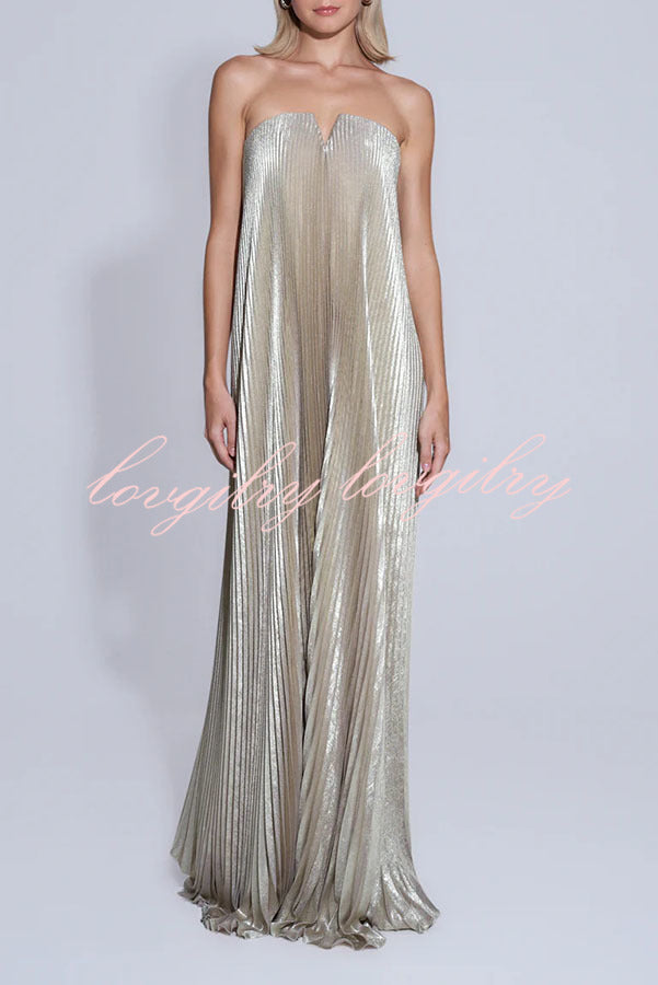 Maya Pleated Metallic Fabric Off Shoulder Asymmetric Hem A-line Maxi Dress