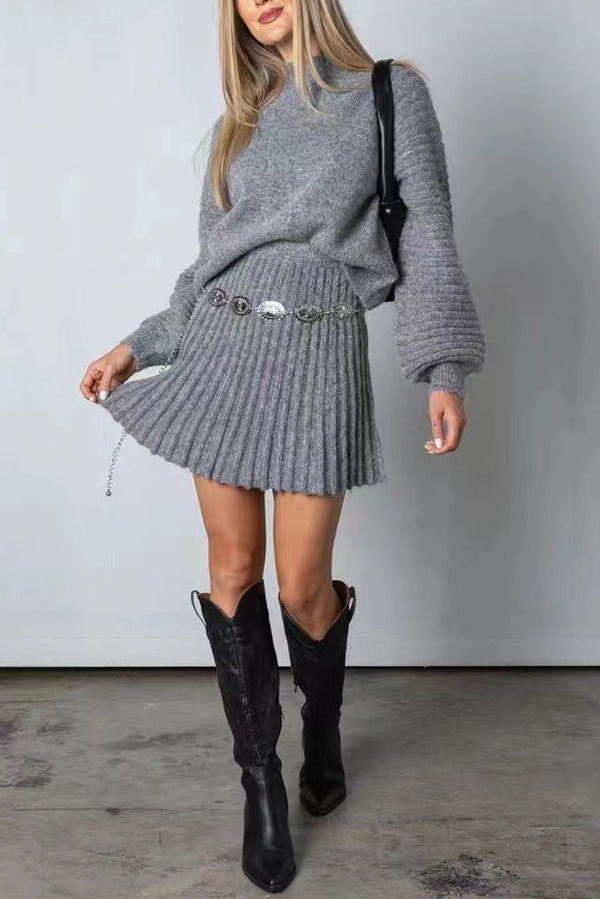 Solid Color Round Neck Puff Sleeve Loose Knit Sweater and Casual Striped Mini Skirt Set