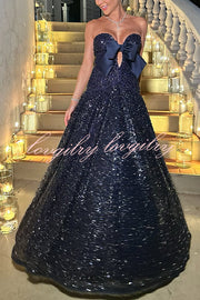 Sparkling Sky Sequin Satin Bow Detail Off Shoulder Prom Maxi Dress