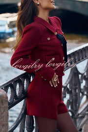 Sweet Dreams Tweed Bow Neck Button Long Sleeve Pocket Crop Jacket
