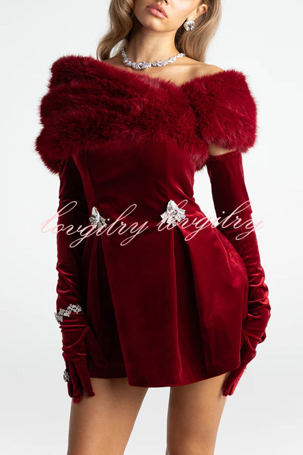 Luxury Chic Velvet Removable Faux Fur Collar Shiny Buckles Mini Dress