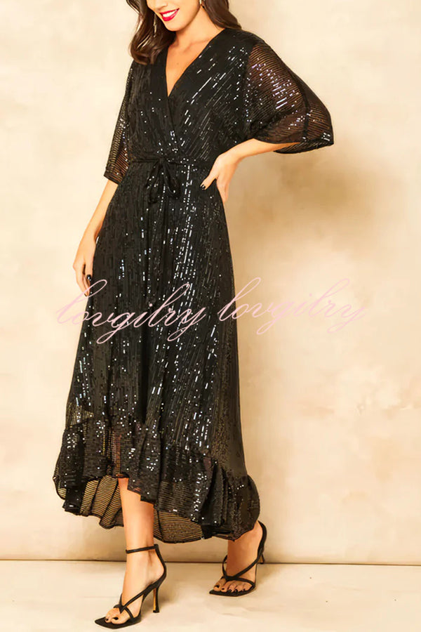 Solid Color Sequined V-neck Waist Tie Loose Maxi Dress