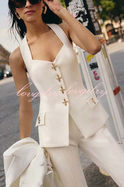 Women Power Metal Cross Snap Button Sweetheart Neck Wide Strap Vest