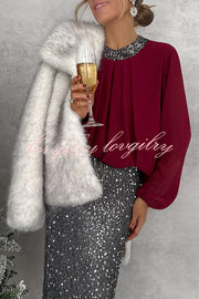 Party Romance Sequin Neck Ruched Balloon Sleeve Loose Blouse