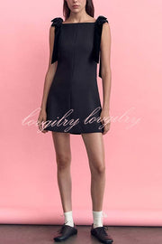 Miss Hepburn Velvet Bow Straps Straight Neckline Loose Mini Dress