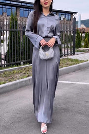 Satin Elegant Long-sleeved Lapel Shirt and High-waisted Draped Maxi Skirt Set