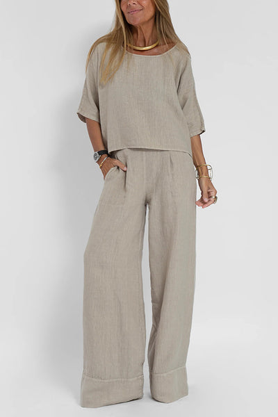 Linen Blend Solid Color Casual Round Neck Top and Loose Wide-leg Pants Set