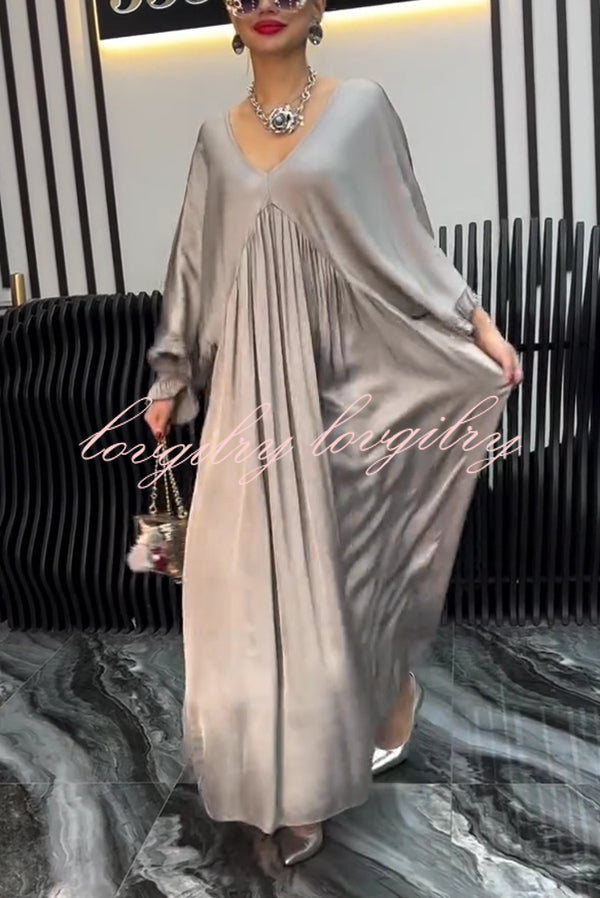 Satin Solid Color V-neck Lotus Leaf Sleeve Loose Pleated Maxi Dress