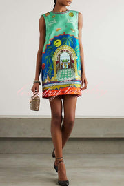 Natural Beauty Satin Unique Print Sleeveless H-line Mini Dress