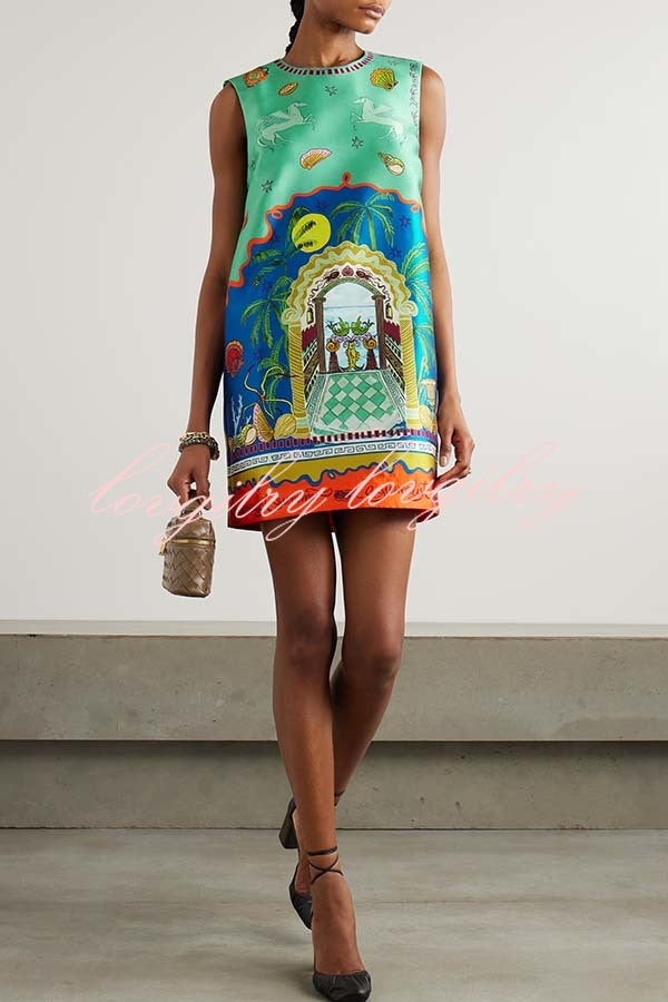 Natural Beauty Satin Unique Print Sleeveless H-line Mini Dress