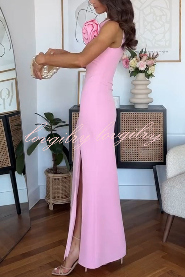 Samaya One Shoulder Detachable Rose Corsage Slit Stretch Maxi Dress