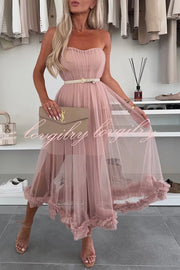 Fairytale Charm Tulle Off Shoulder Ruffles Trim A-line Midi Dress