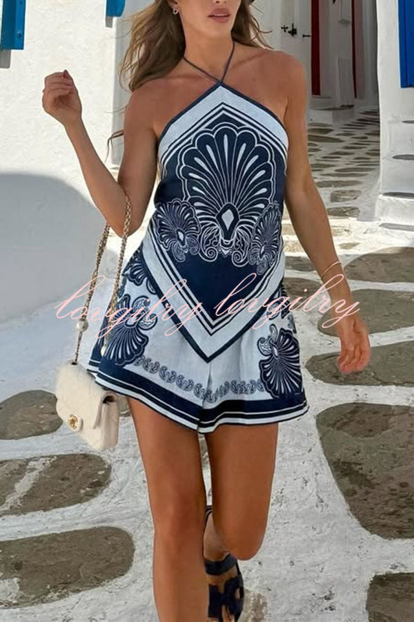 Jiya Linen Blend Unique Print Halter Scarf Tank and Elastic Waist Pocket Shorts Set