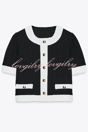 Fashionable Contrast Color Short-sleeved Button-down Top