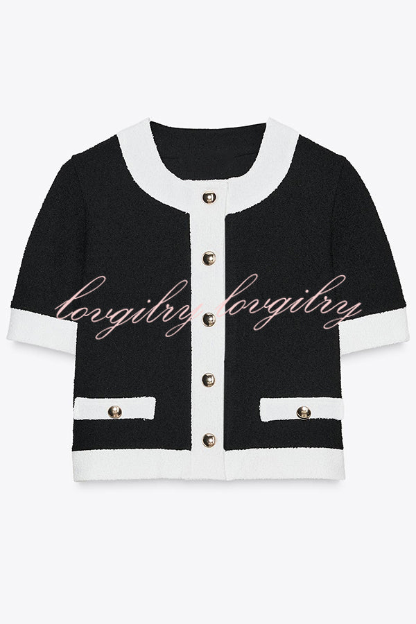 Fashionable Contrast Color Short-sleeved Button-down Top