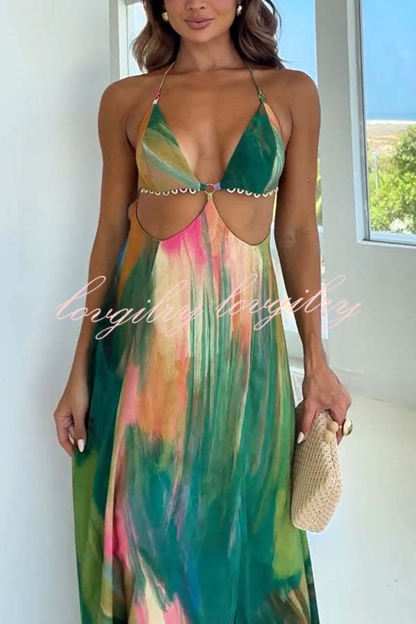 Andie Splash Ink Printed Cutout Back Tie-up Slit Vacation Maxi Dress