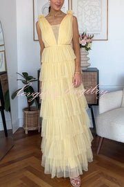 Wedding Season Tulle Plunge Front Tiered Maxi Dress