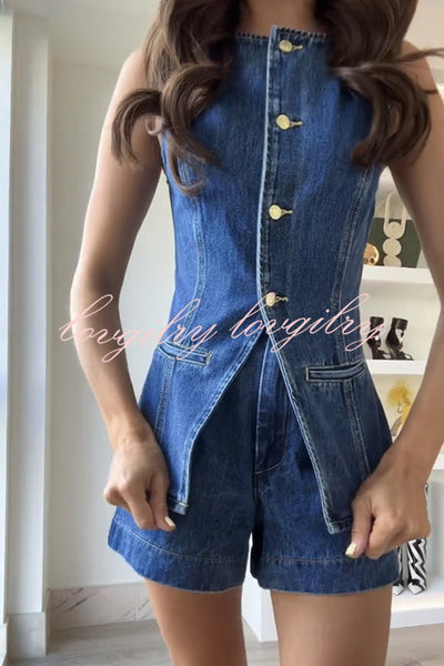 Abel Denim Button Up Seams Pocket Vest Top