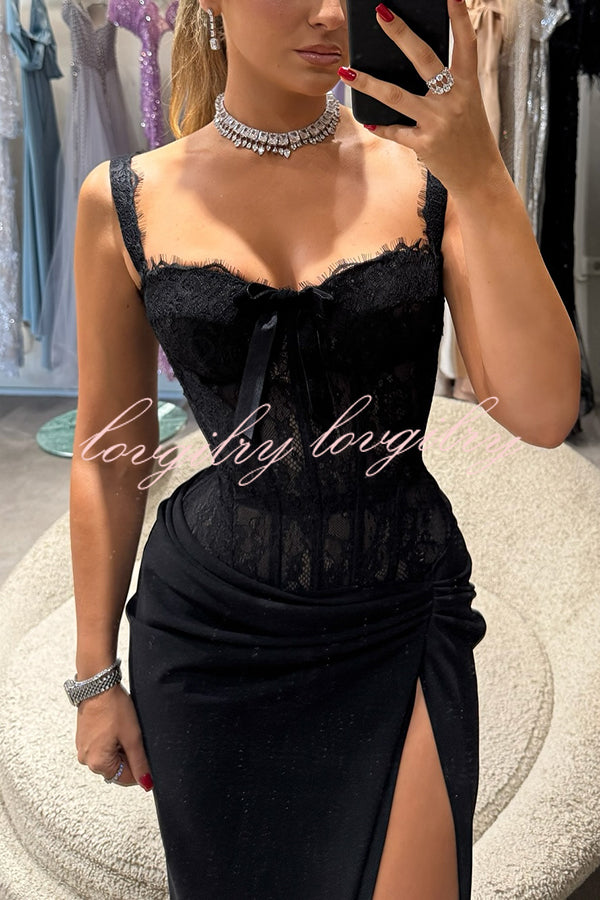 Sexy Grace Magic Lace Corset Bow Design Ruched Hip Slit Maxi Dress