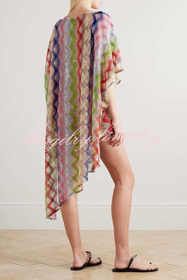 Sun Washed Knit Colorful Zigzag Pattern Asymmetric Hem Loose Cover-ups Kaftan
