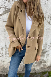 Solid Color Casual Lapel Long Sleeve Loose Woolen Jacket