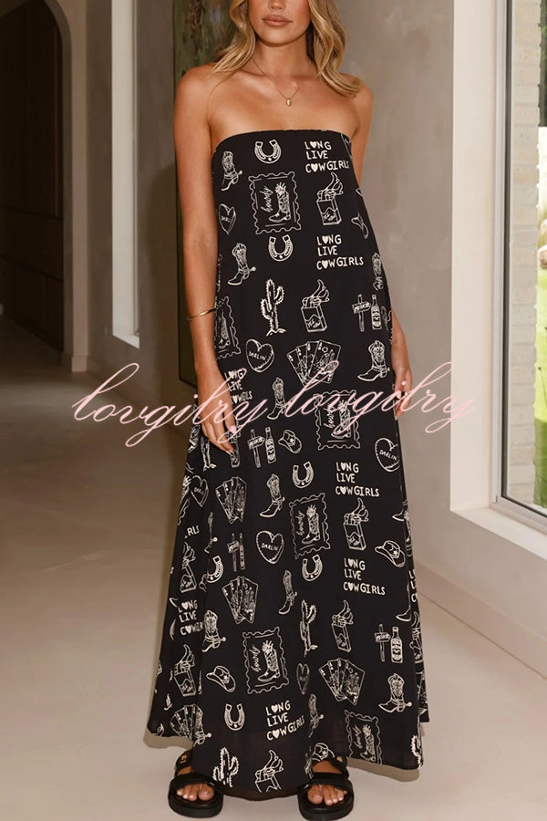 Unique Print Strapless Open Back Full Hem Maxi Dress