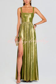 Artistic Quality Metallic Pleated Fabric Removable Straps Slit Maxi Dress