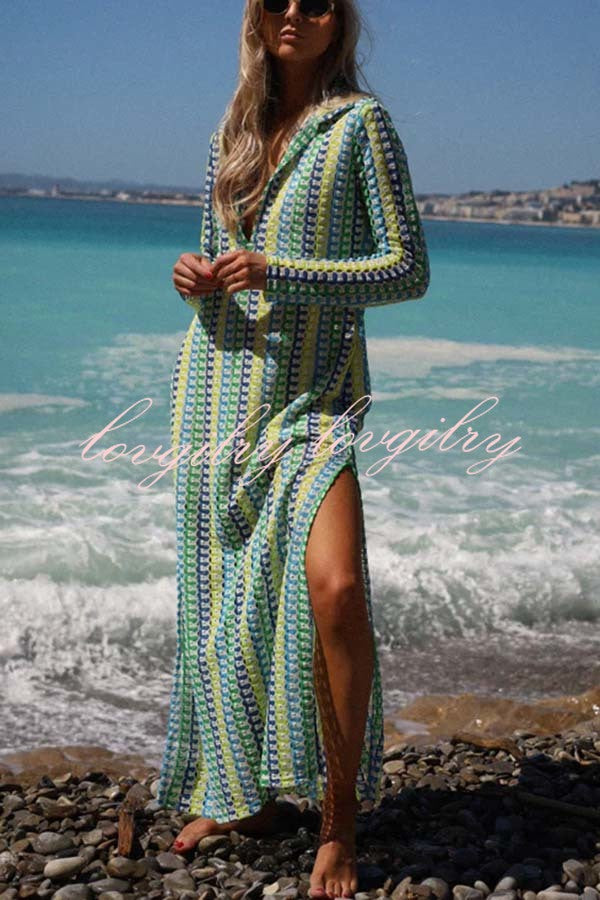Eleanor Knit Colorful Wave Unique Print Shirt U-neck Long Sleeve Slit Maxi Dress