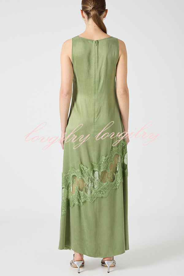 Pretty Soul Satin Lace Trim Wide Neck Irregular Hem Slit Maxi Dress