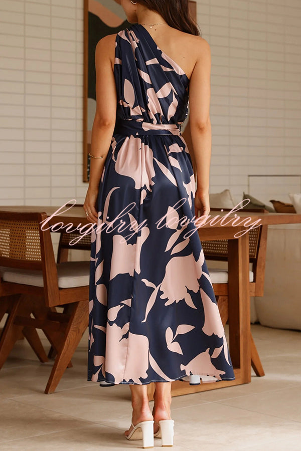Unique Print Sleeveless One Shoulder Belted Maxi Dress