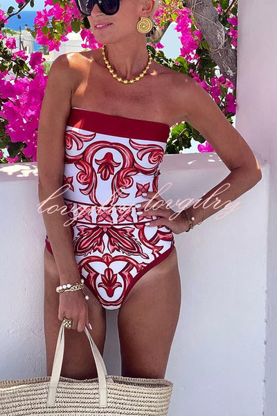 Summer Lovin Unique Royal Print Strapless One Piece Stretch Swimsuit and Pareo