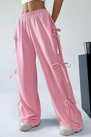 Fashion Elastic Waist Side Bow Casual Straight Wide-leg Pants