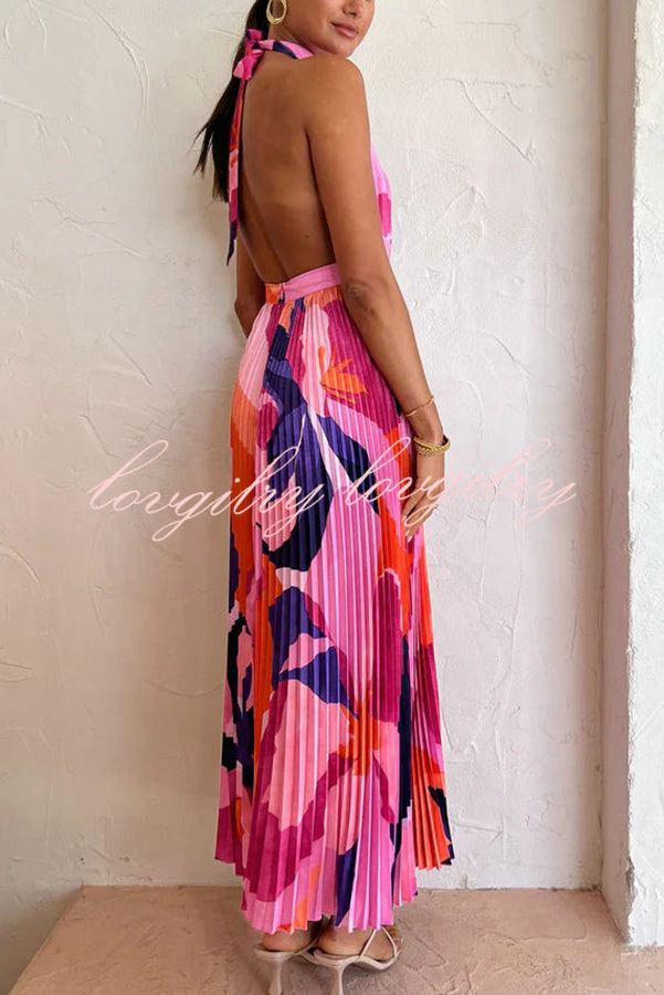 Romantic One Capri Print Halter Neck Pleated Maxi Dress