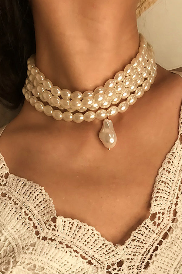 Stylish Geometric Pearl Beaded Multi-Layer Necklace