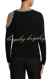 Holiday Party Knit Crystal-Embellished Cut-out Shoulder Long Sleeve Top