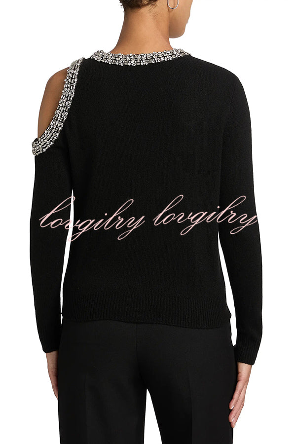 Holiday Party Knit Crystal-Embellished Cut-out Shoulder Long Sleeve Top